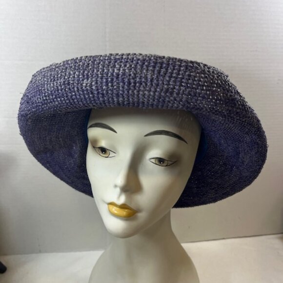 Handmade Chambray Purple Straw Natural Raffia Sun Hat Lightweight Madagascar - Picture 3 of 11